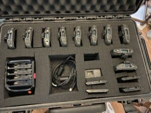 	Case of organized electronic devices and accessories.