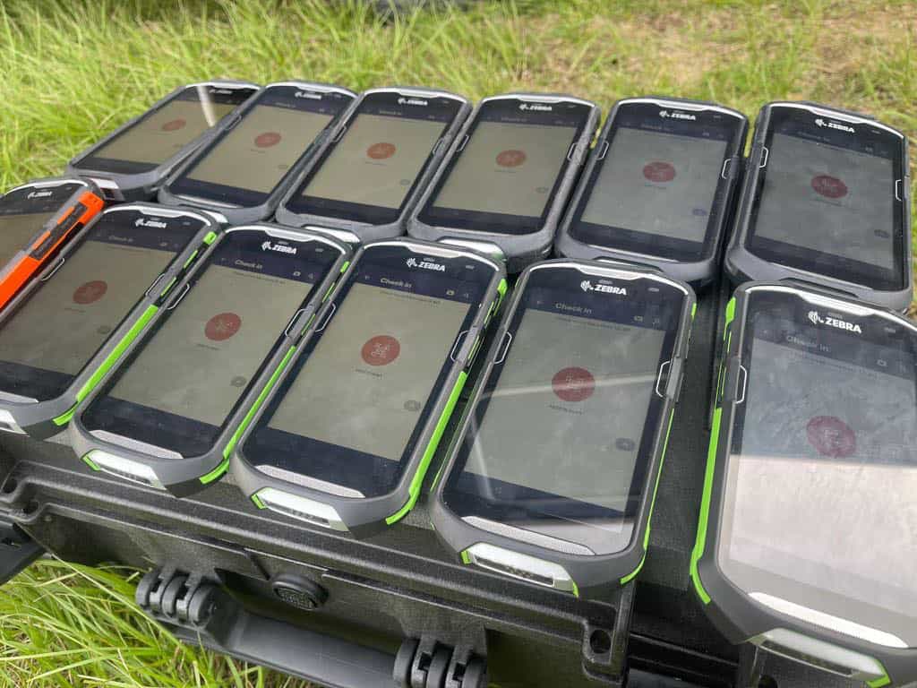Neatly laid out ticket scanning devices.