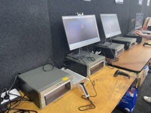Retro video editing workstation with multiple monitors
