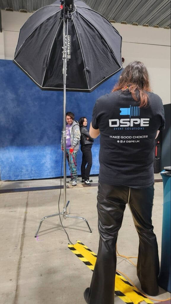 Photo shoot with lighting umbrella and people at DSPE event