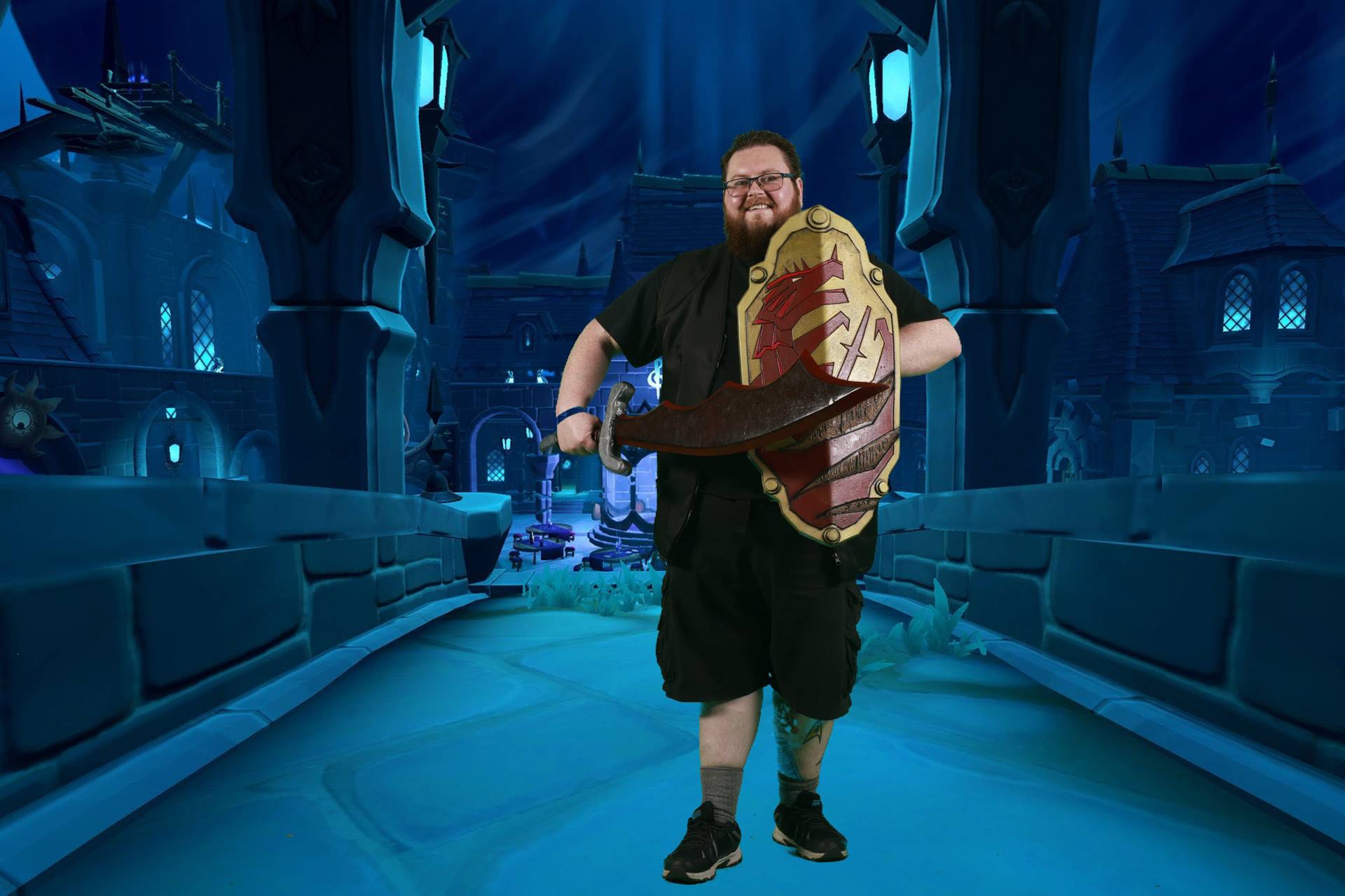 Person posing with shield and sword in fantasy setting.