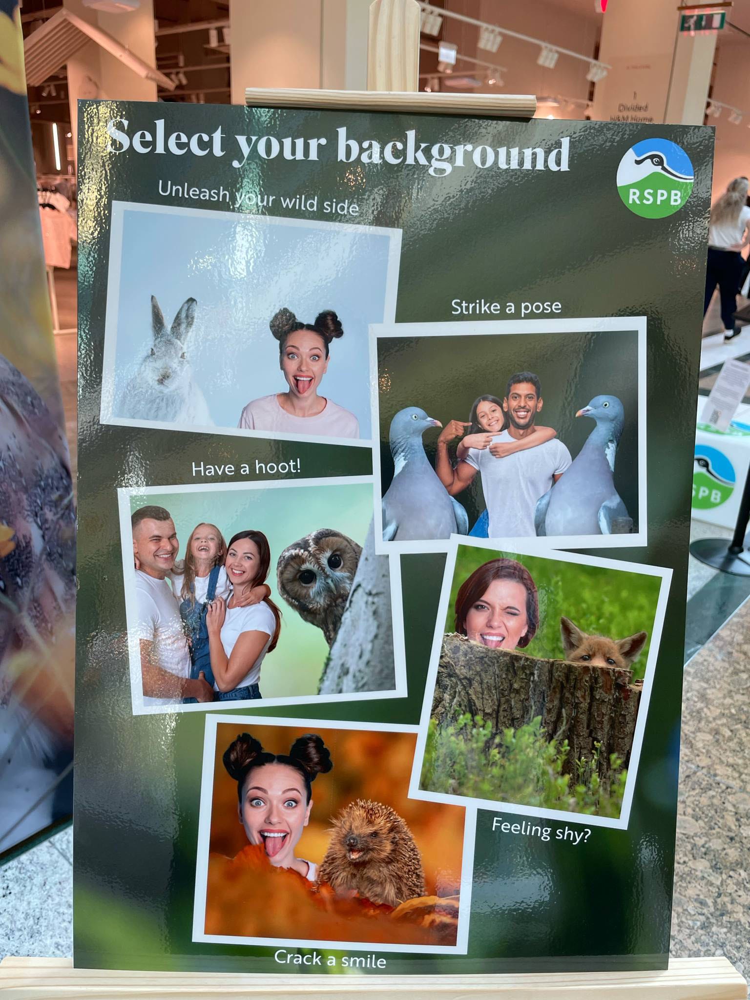 RSPB photo booth selection with animals and people.